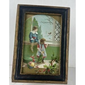Vintage Victorian Christmas Lithograph Print Framed Kids Winter Scene